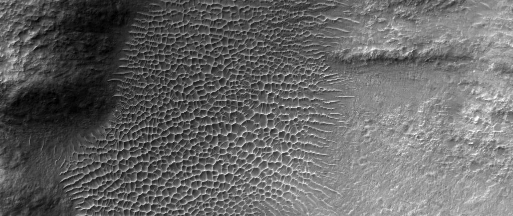 An amazing aspect of Mars that is captured in many HiRISE images is geologic diversity within a small area. This image of star dunes in a crater in the Tyrrhena Terra region puts a spotlight on Mars' diversity. Image Credit: NASA/JPL/ UArizona