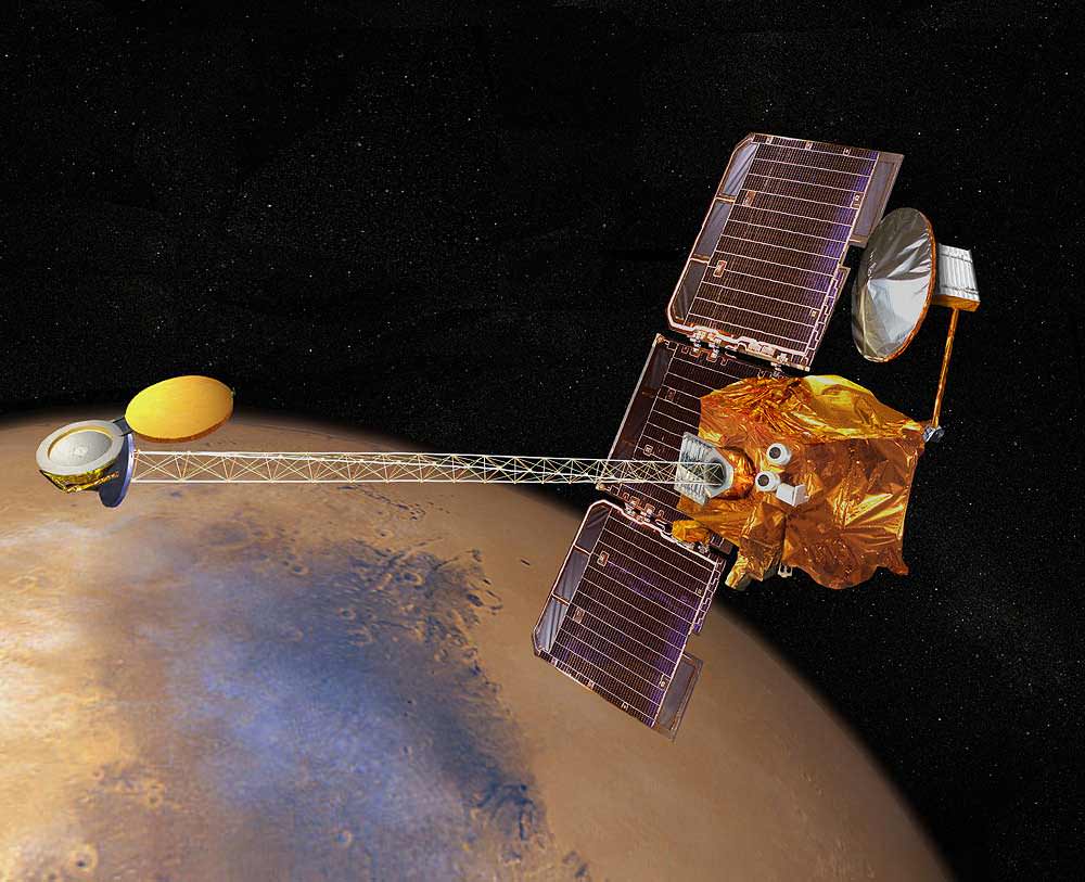 An artist's impression of the Odyssey orbiter around Mars. Image Credit: NASA