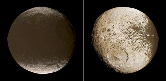The two sides of Iapetus. Credit: NASA/JPL