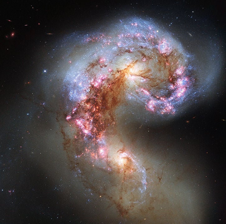 This is a Hubble Telescope image of the Antennae Galaxies, a pair of interacting galaxies that have been messing with each other for a few hundred million years. Those interactions are shaping both galaxies. Clouds of gas are pink and red, while regions of star-birth are blue. Image Credit: By ESA/Hubble, CC BY 4.0, https://commons.wikimedia.org/w/index.php?curid=29570547