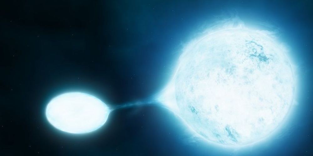 This artist's impression shows a vampire star (left) stealing material from its victim: New research using data from ESO's Very Large Telescope has revealed that the hottest and brightest stars are often found in close pairs. Many of such binaries will, at some point, transfer mass from one star to another, a kind of stellar vampirism depicted in this artist's impression. Credit: ESO/M. Kornmesser/S.E. de Mink