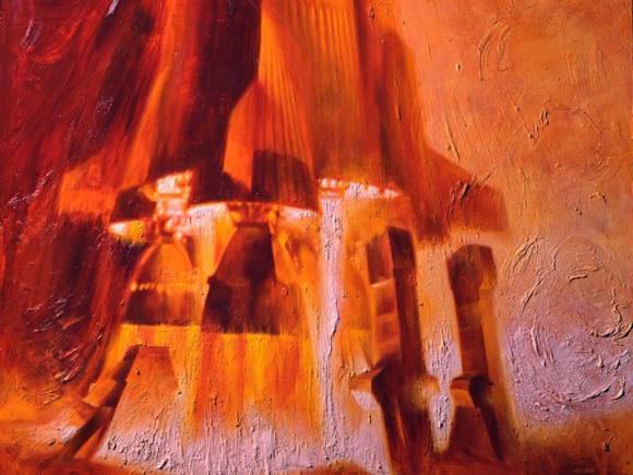 This 1963 painting by artist Paul Calle captures the lift-off of the Saturn V Moon rocket. Image: Paul Calle, NASA