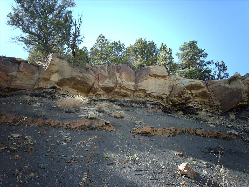 The K–Pg boundary exposure in Trinidad Lake State Park, in the Raton Basin of Colorado, USA, shows an abrupt change from dark- to light-colored rock. Image Credit: By Nationalparks - Own work, CC BY-SA 2.5, https://commons.wikimedia.org/w/index.php?curid=19017497
