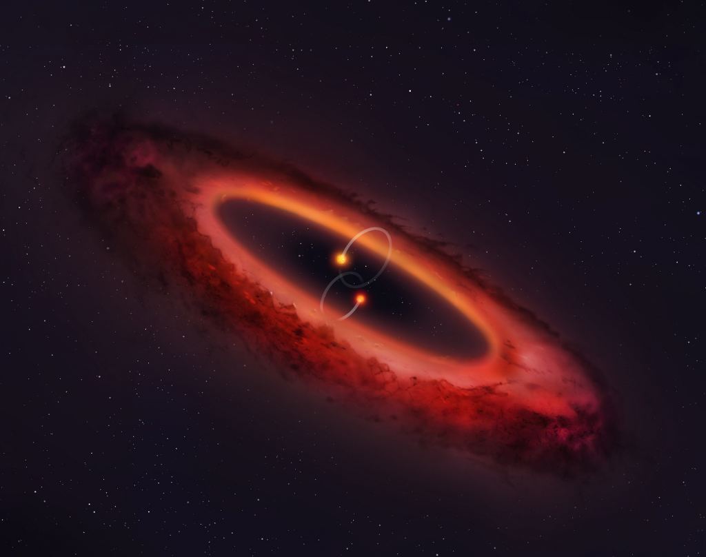 This artist's illustration shows the system HD 98000 with its inner binary comprised of two sun-like components surrounded by a thick disk of material. Copyright and credit: University of Warwick/Mark Garlick