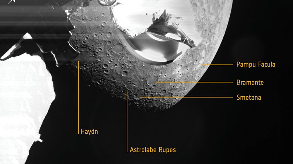 Some of the visible craters on Mercury from images snapped during BepiColombo's first flyby, as well as some craft instrumentation visible on the left side of the picture.