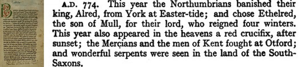 The front page (l) and the A.D. 774 entry of the Anglo-Saxon Chronicles. Image Credit: (l) By Photographed by en:User: George, original author, monastic scribes in Peterborough - English Wikipedia, Public Domain, https://commons.wikimedia.org/w/index.php?curid=852691. Image Credit: (r) Google Books/Public Domain.