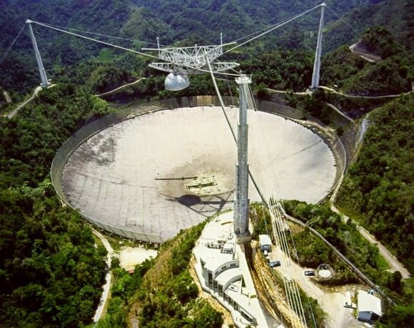 The Arecibo Radio Telescope in Puerto Rico was the site of NASA's High Resolution Microwave Survey, a search for extraterrestrial radio messages. Funding was cut off for the project in 1993 following criticism in congress. Credit: Unites States National Science Foundation