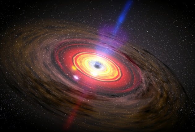An artist's conception of a supermassive black hole's jets. These jets may play a role in cooling gas rather than heating it. Image Credit: NASA / Dana Berry / SkyWorks Digital