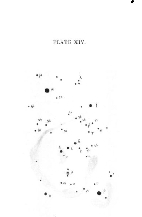 E.E. Barnard's drawing of the Orion Nebula from 1894. Barnard's Loop is clearly visible just below Orionis 60 and 56. In those days, brighter stars were marked with larger circles, and Betelgeuse and Rigel are clearly marked as the brightest stars in the Orion constellation. Image Credit: E.E. Barnard, Popular Astronomy.