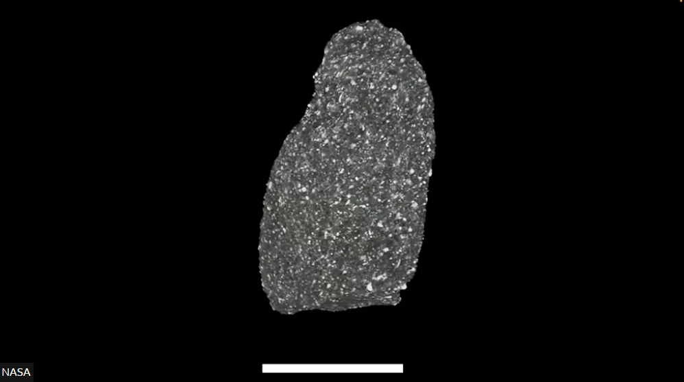 This is a computer 3D model of a single particle from asteroid Bennu. The scale bar is one mm. The dust from Bennu contains almost 5% carbon by weight. There's also water locked inside its crystal structure. Image Credit: NASA.