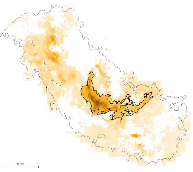 The Brick is a complex structure. This image from a separate study shows an expanding shell of gas, or bubble, inside the Brick. Scientists presume that wind from a massive star is driving the expansion. Image Credit: Henshaw/MPIA