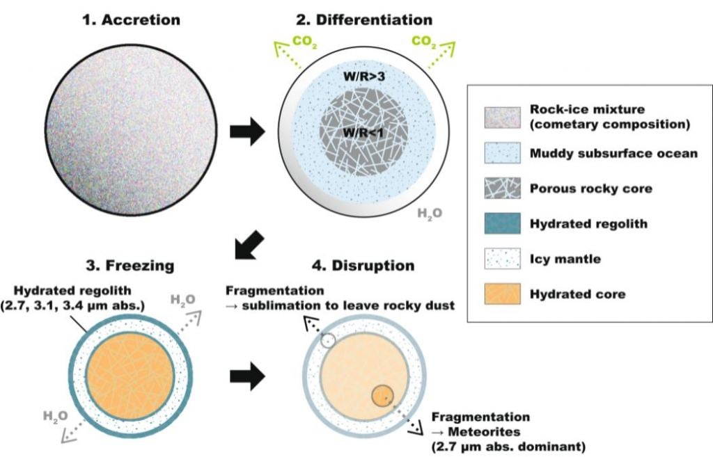 This image from the study shows one scenario for the formation and evolution of large C-complex asteroids in the main belt and their relationship to carbonaceous chondrites. Stage 1: Accretion. Stage 2: Differentiation and alteration. Stage 3: Freezing (length depends on the size). Stage 4: Catastrophic disruption. Image Credit: Kurokawa et al. 2022 AGU Advances