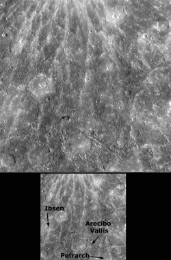 Arecibo Catenae (formerly known as Arecibo Vallis) as imaged by MESSENGER in 2008. (Credit: NASA/Johns Hopkins University Applied Physics Laboratory/Carnegie Institution of Washington).