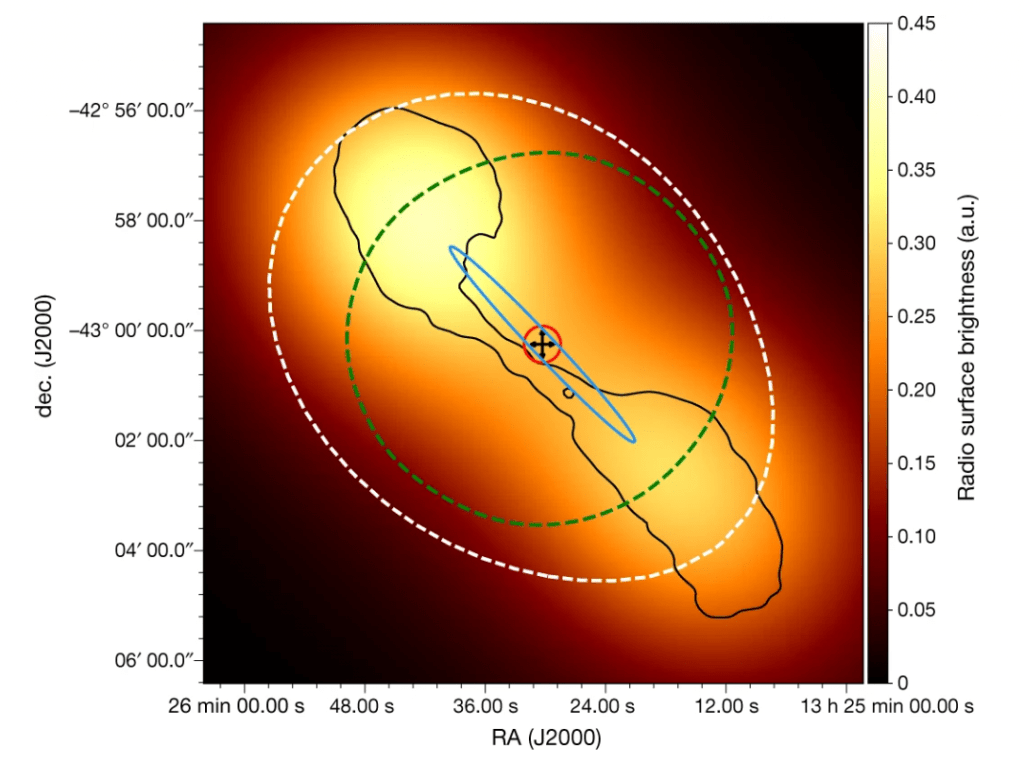 This image from the study shows Centaurus A's very high energy gamma emitting region in the white dashed line. Image Credit: HESS Collaboration.