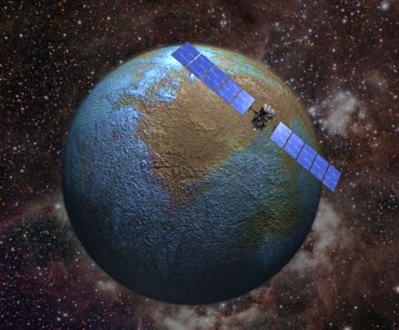 Artist’s concept of Dawn in its survey orbit at dwarf planet Ceres. Credit: NASA/JPL-Caltech