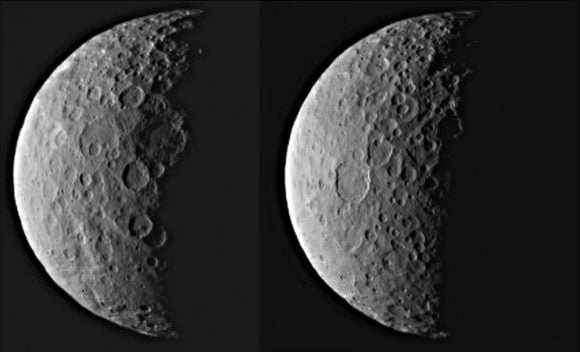 Ceres in Half Shadow http://photojournal.jpl.nasa.gov/catalog/PIA19310 NASA's Dawn spacecraft took these images of dwarf planet Ceres from about 25,000 miles (40,000 kilometers) away on Feb. 25, 2015. Credit: NASA/JPL/Caltech/UCLA/MPS/DLR/IDA