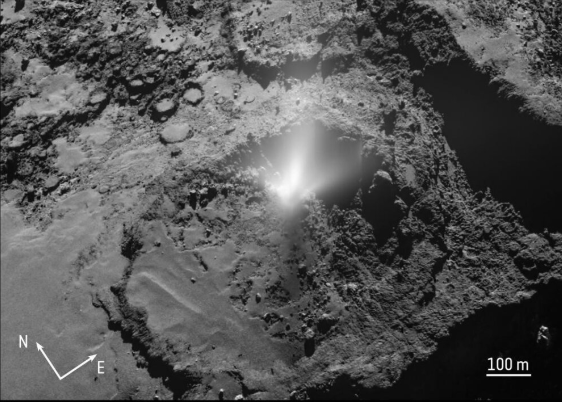 This image was captured by Rosetta's OSIRIS wide-angle camera in July 2016. A plume of material is clearly visible. Image Credit: ESA/Rosetta/MPS for OSIRIS Team MPS/UPD/LAM/IAA/SSO/INTA/UPM/DASP/IDA. CC BY-SA 3.0 IGO
