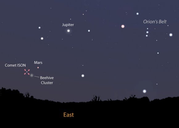 This map shows the sky as you face east tomorrow morning Sept. 3 around 5 a.m. local time just before the start of morning twilight. The comet is not far from Mars and the Beehive Cluster. Stellarium