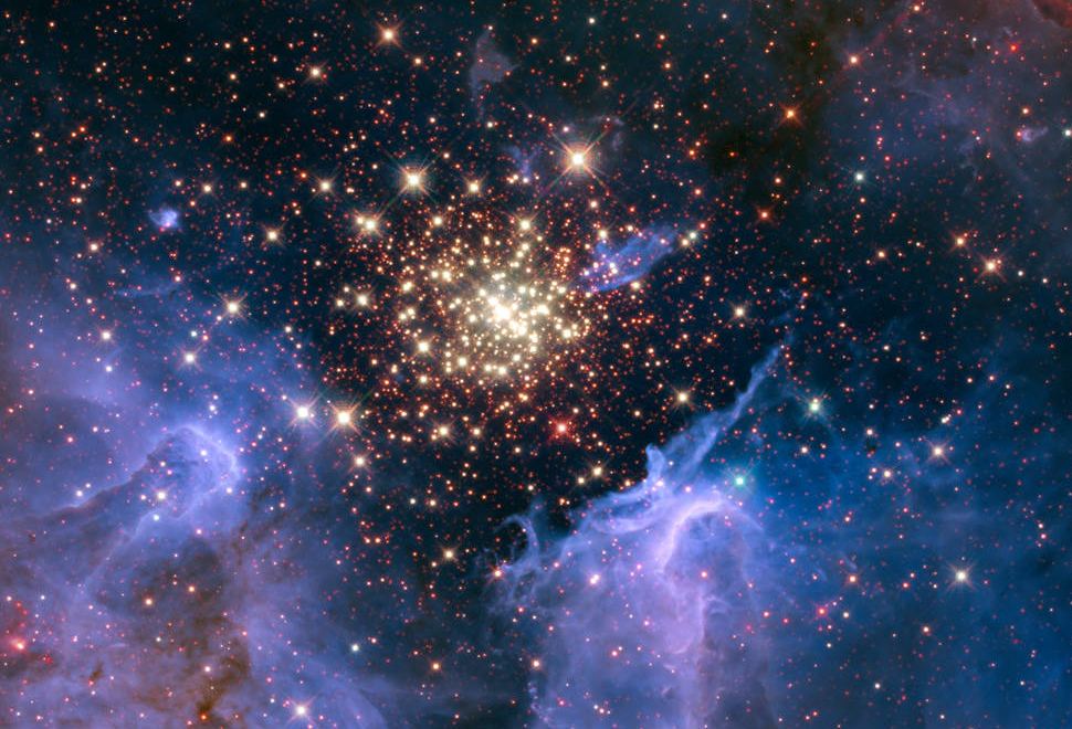 This image shows a cluster of massive stars seen with the Hubble Space Telescope. The cluster is surrounded by clouds of interstellar gas and dust called a nebula. The nebula, located 20,000 light-years away in the constellation Carina, contains the central cluster of huge, hot stars called NGC 3603. Our Sun was once part of a cluster that may have looked similar in the past. Credits: NASA/U. Virginia/INAF, Bologna, Italy/USRA/Ames/STScI/AURA