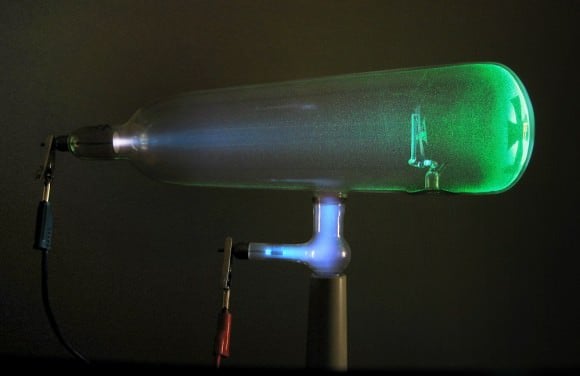 Lateral view of a sort of a Crookes tube with a standing cross. Credit: Wikipedia Commons/D-Kuru