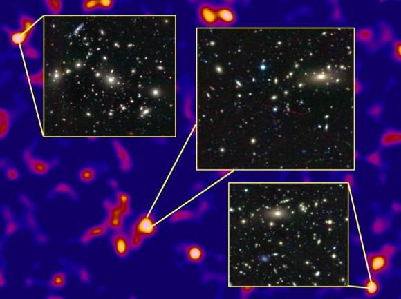 The densest regions of the dark matter cosmic web host massive clusters of galaxies. Credit: Van Waerbeke, Heymans, and CFHTLens collaboration.