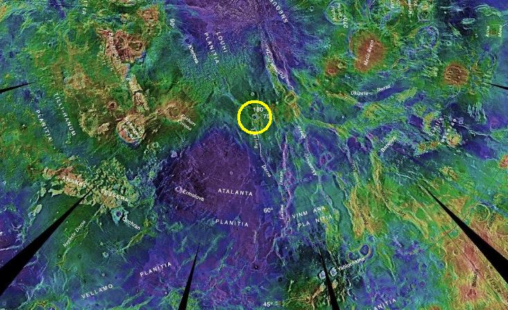 This topographic map of Venus gives a better sense of Dickinson Crater's location. Image Credit: NASA/USGS/Arecibo