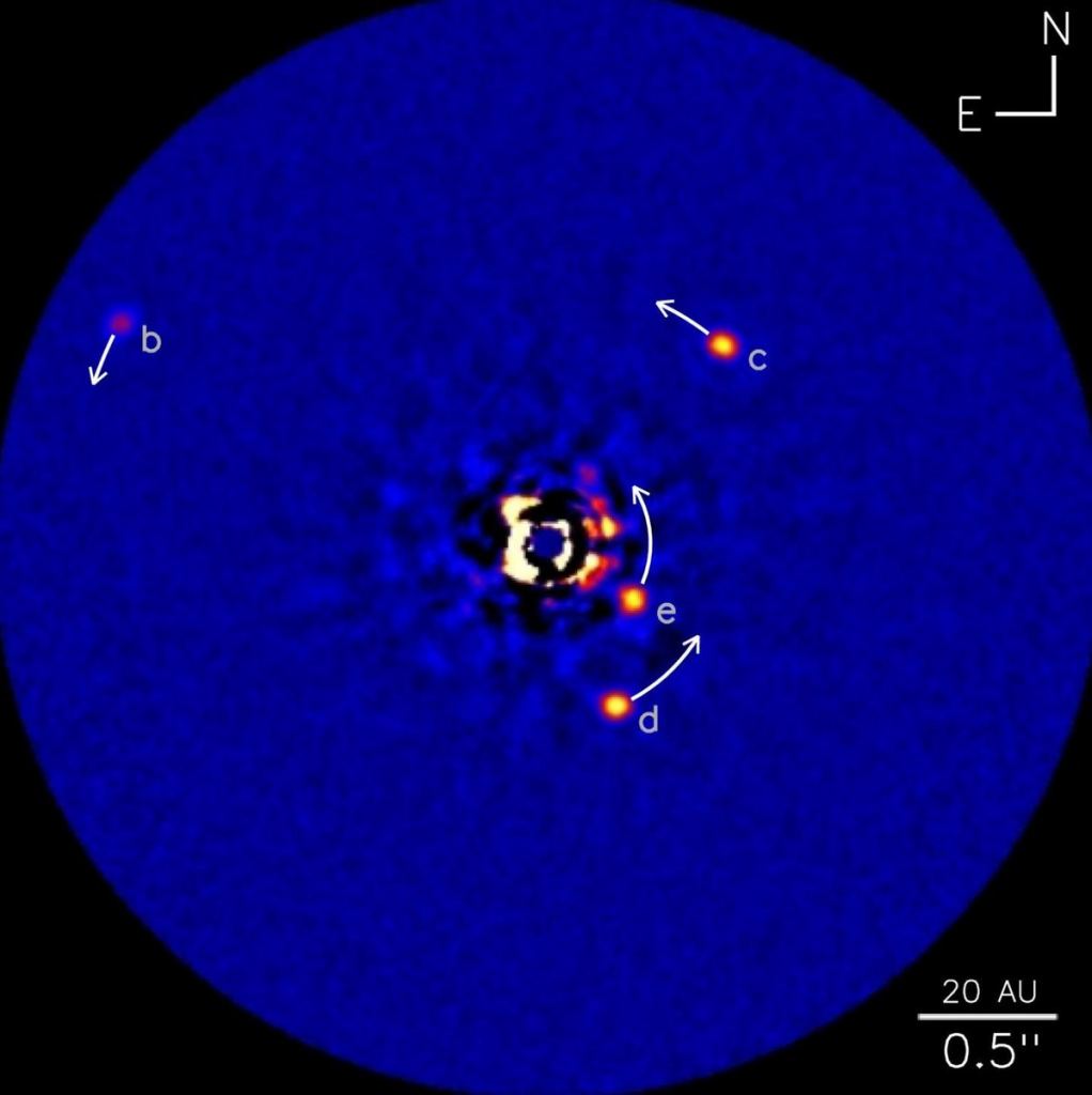 The HR 8799 system contains the first exoplanet be directly imaged. Image Credit: NRC-HIA/C. MAROIS/W. M. KECK OBSERVATORY