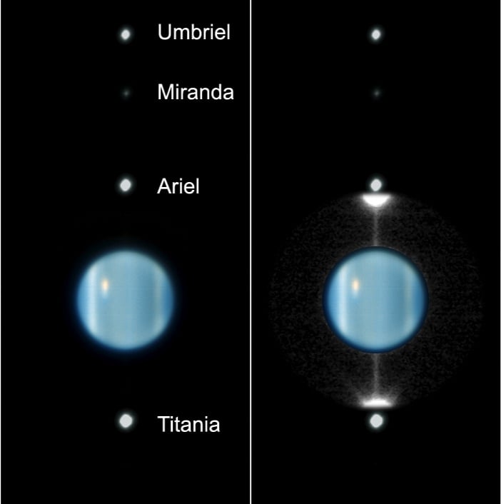 This false-color image from the ESO's Very Large Telescope show how Uranus and its moons are perpendicular to the Solar System's ecliptic. Image Credit: By European Southern Observatory - Peering at Uranus's Rings as they Swing Edge-on to Earth for the First Time Since their Discovery in 1977, CC BY 4.0, https://commons.wikimedia.org/w/index.php?curid=5159107