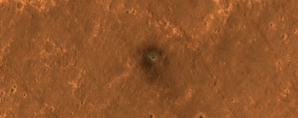 The best image of the InSight lander taken by HiRISE in 2019. HiRISE scientists were looking for dust devil tracks and other changes in the surface due to dust. Credit: NASA/JPL-Caltech/UArizona