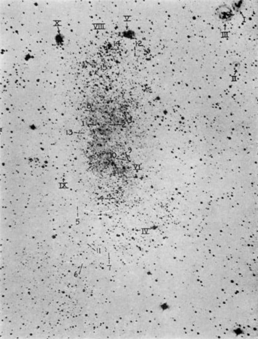 This image was captured by Edwin Hubble in 1925 with the 100-inch reflector at Mount Wilson Observatory. It's a three-and-a-half hour exposure. Some of the labelled parts are diffuse nebula. Image Credit: From