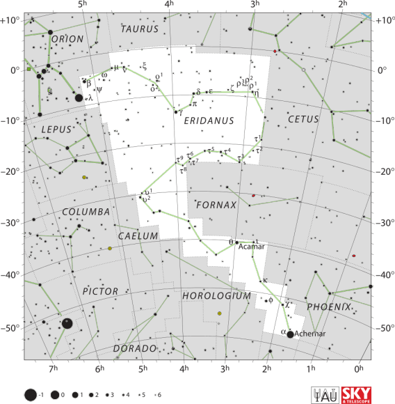 Achenar is located at the lower right of the constellation Eridanus.
