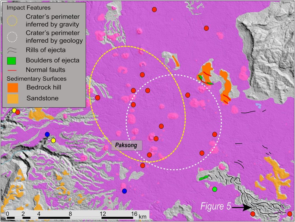 Geological map of the summit region of the volcanic field. Dashed yellow ellipse marks the buried crater perimeter for the best-fitting gravity model. Dashed white circle marks the buried perimeter that best fits geological observations, which include proximity to normal faults, bedrock outcrops, and the proximal ejecta. Image Credit: Sieh et al, 2019.