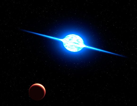 This is an artist's concept of the fastest rotating star found to date. The massive, bright young star, called VFTS 102, rotates at a million miles per hour, or 100 times faster than our Sun does. Centrifugal forces from this dizzying spin rate have flattened the star into an oblate shape and spun off a disk of hot plasma, seen edge on in this view from a hypothetical planet. The star may have