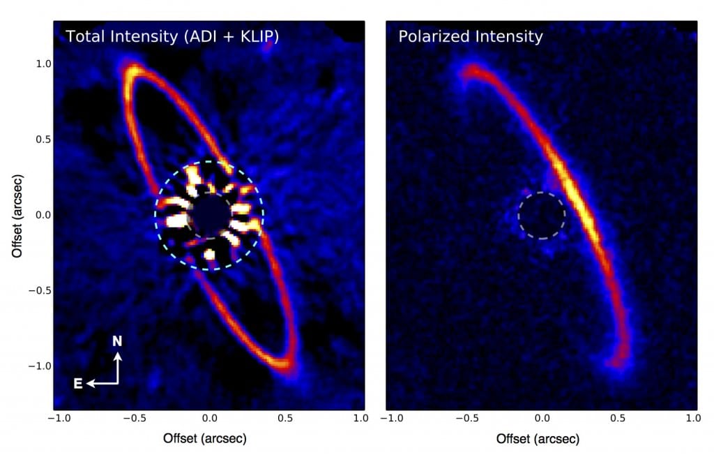 A Gemini Planet Imager (GPI) image of HR 4796A, the larger star in the binary HR 4796 system. It shows the circumstellar disk around HR 4796A, a ring of dust and planetesimals similar in some ways to a scaled up version of the solar system’s Kuiper Belt. Image credit: Marshall Perrin (Space Telescope Science Institute), Gaspard Duchene (UC Berkeley), Max Millar-Blanchaer (University of Toronto), and the GPI Team.