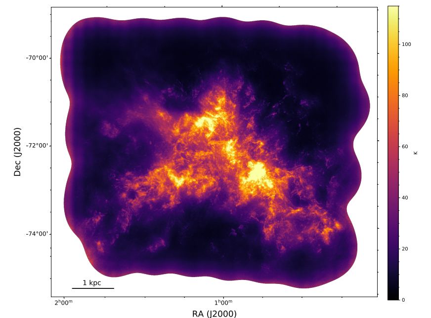This figure is one of the image cubes from the study. It's a combination of GASKAP data and data from the Parkes Observatory, also in Australia. It shows peak H1 density and reveals the wealth of small-scale structures in the SMC. Image Credit: Pingel et al 2021.