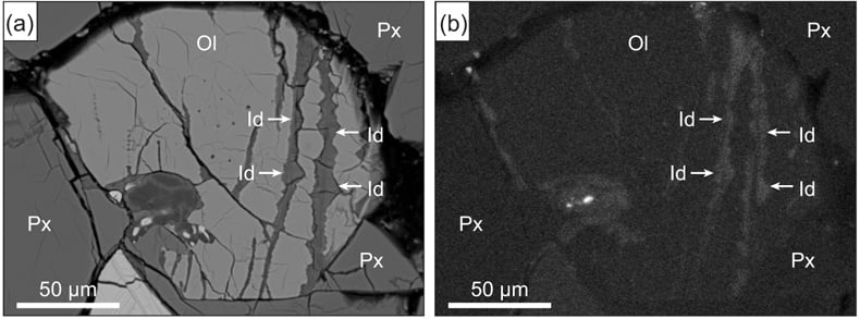 This figure from the research shows a cross-section of the Lafayette meteorite. Ol is an olivine grain surrounded by augite crystals (Px). Iddingsite (Id) is present in veins that travel through the rock. Though Lafayette formed over 1.3 billion years ago, the Iddingsite veins formed later, about 742 million years ago, when water seeped through the cracks. Image Credit: Tremblay et al. 2024.