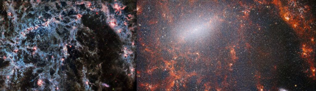 These are the two separate images that were combined into the single leading image. On the left is the MIRI image, and on the right is the NIRCam image. Image Credits: ESA/Webb, NASA & CSA, J. Lee and the PHANGS-JWST Team
