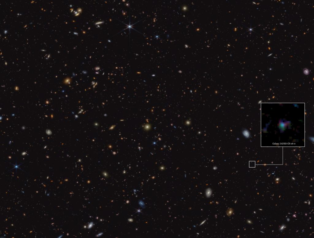 This image highlights the location of the galaxy JADES-GS-z6 in a portion of an area of the sky known as GOODS-South, which was observed as part of the JWST Advanced Deep Extragalactic Survey, or JADES.