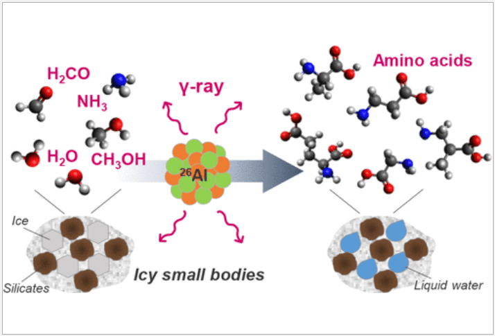 The experiment showed that when 26Al decayed and released gamma rays, the rays melted ice in carbonaceous chondrites. In the presence of liquid water and the energy from the 26Al, simple chemicals like ammonia (NH3) and methanol (CH3OH) formed amino acids. Image Credit: Kebukawa et al. 2022.