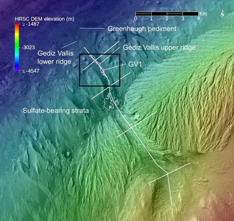 This digital elevation model (DEM) provides some context for Curiosity's journey. Image Credit: Hughes et al. 2022