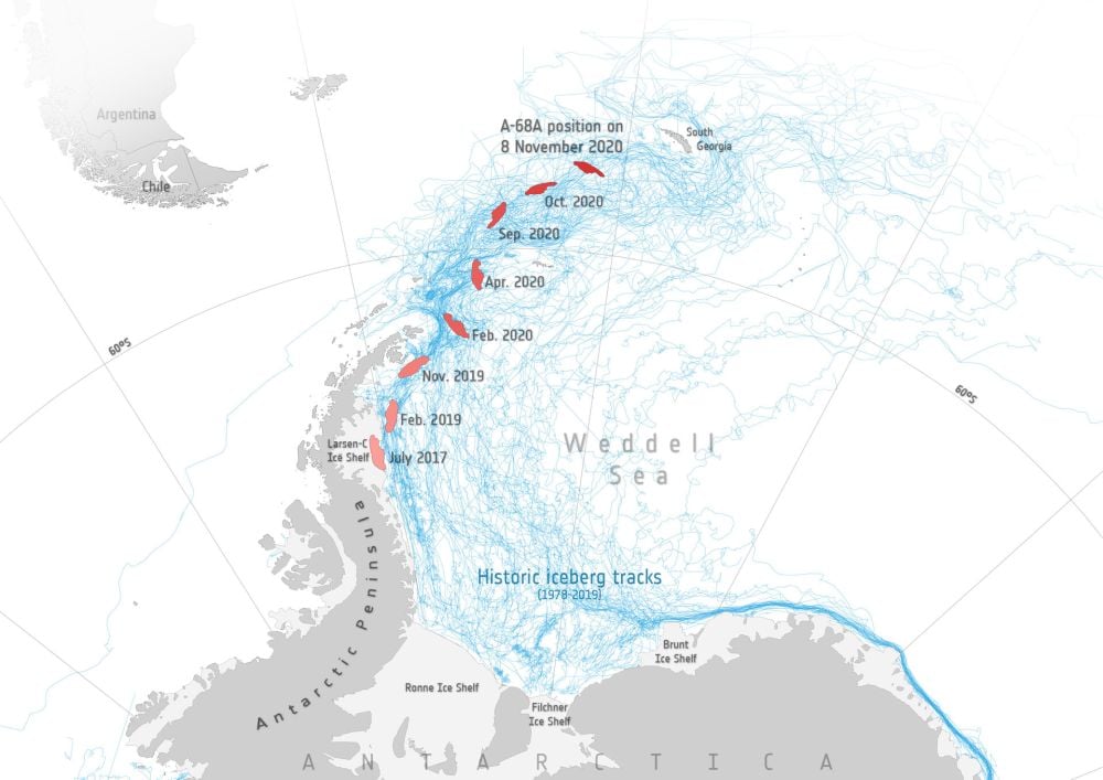Iceberg A-68 was on a potential collision course with South Georgia Island. Now, it appears the massive trillion ton iceberg has broken apart. Image Credit: contains modified Copernicus Sentinel data (2017–20), processed by ESA; Antarctic Iceberg Tracking Database
