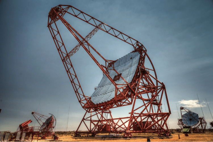 The large central telescope in the HESS array. It was responsible for the first detection a a gamma ray burst in very high energy gamma rays. Image Credit: MPIK / Christian Föhr