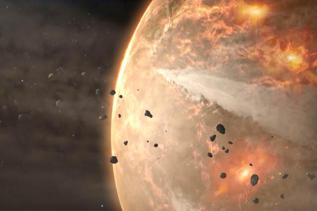 Earth's Hadean Eon is a bit of a mystery to us because geologic evidence from that time is scarce. During the Hadean, Earth had its primary atmosphere from the solar nebula. But it soon lost it and accumulated another one via outgassing as the planet cooled. Credit: NASA