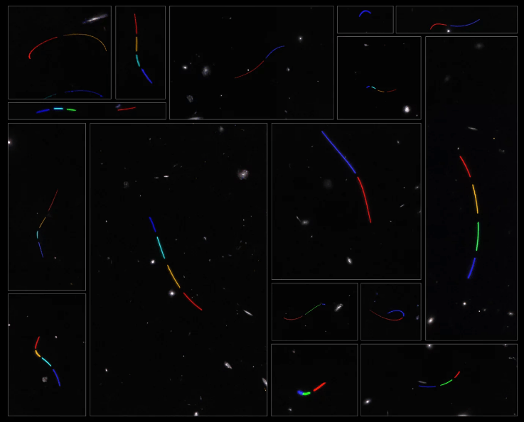 This mosaic consists of 16 different data sets from the NASA/ESA Hubble Space Telescope that were studied as part of the Asteroid Hunter citizen science project. Each of these datasets was colour-assigned based on the time sequence of exposures, whereby the blue tones represent the first exposure that the asteroid was captured in and the red tones represent the last. Image Credit: ESA/Hubble & NASA, S. Kruk (ESA/ESTEC), Hubble Asteroid Hunter citizen science team, M. Zamani (ESA/Hubble)