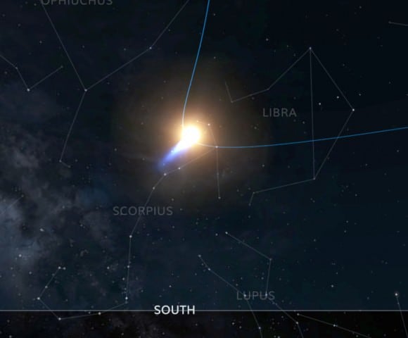 Comet ISON on perihelion day (Nov. 28) seen from the Upper Midwest, U.S. The sun and comet will be in Scorpius. Credit: INOVE