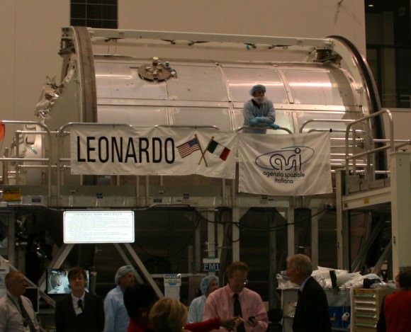 Leonardo’ MPLM module inside the Space Station Processing Facility at KSC built by Alenia under contract to ESA and the Italian Space Agency (ASI). This module will be left attached to the ISS on the last scheduled shuttle mission, STS 133. It will be modified with additional shielding for protection against strikes by micrometeoroids. Note grapple fixture at top. Each MPLM is 21 feet long, 15 feet in diameter, weighs 4.5 tons, and can deliver up to 10 tons of cargo to the ISS. Credit: Ken Kremer