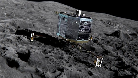 Illustration of Philae on a cometary surface. The actual surface of 67P/Churyumov-Gerasimenko is actually as dark as a barbecue briquette. (Credit: ESA)
