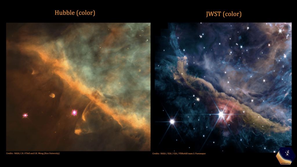 A compare-and-contrast of Hubble's view of the same Orion Nebula region (left) that JWST looked at (right). Credit: NASA, ESA, CSA, PDRs4All ERS Team; image processing Olivier Berné. Credit for the HST image: NASA/STScI/Rice Univ./C.O’Dell et al.