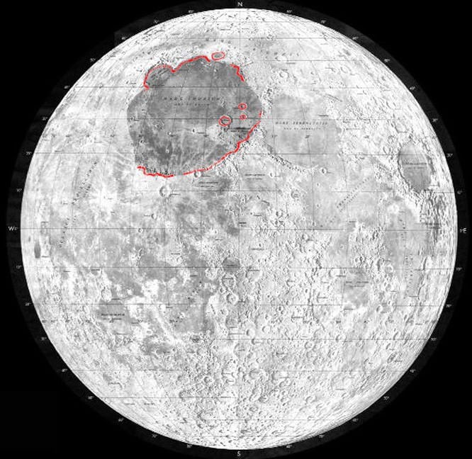 Mare Imbrium, or the Sea of Showers, is easily seen from Earth and is highlighted in this map of the Moon. It's called a lunar mare because the Imbrium impact basin was covered in basaltic lava sometime in the past. The other large, dark spots are also basins created from asteroid impacts. Credit: NASA