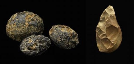 Large tektites (l) and hand axes (r) were found together in Bose, Guangxi, China. Image Credit: James Di Loreto, & Donald H. Hurlbert, Smithsonian Institution
